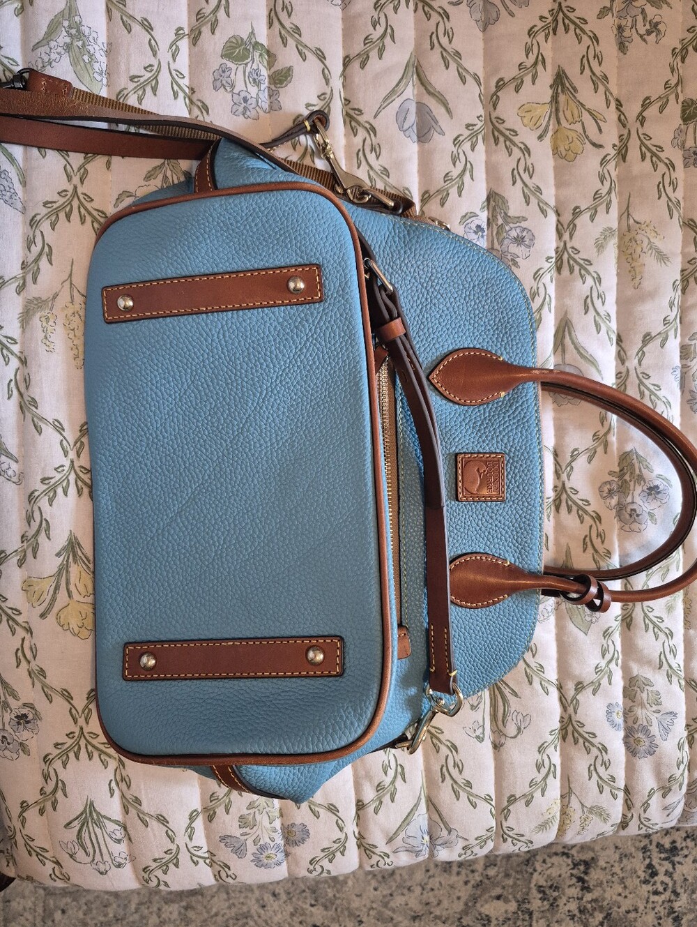 Dooney & Bourke Sky Blue Pebbled Leather Satchel with Brown Trim